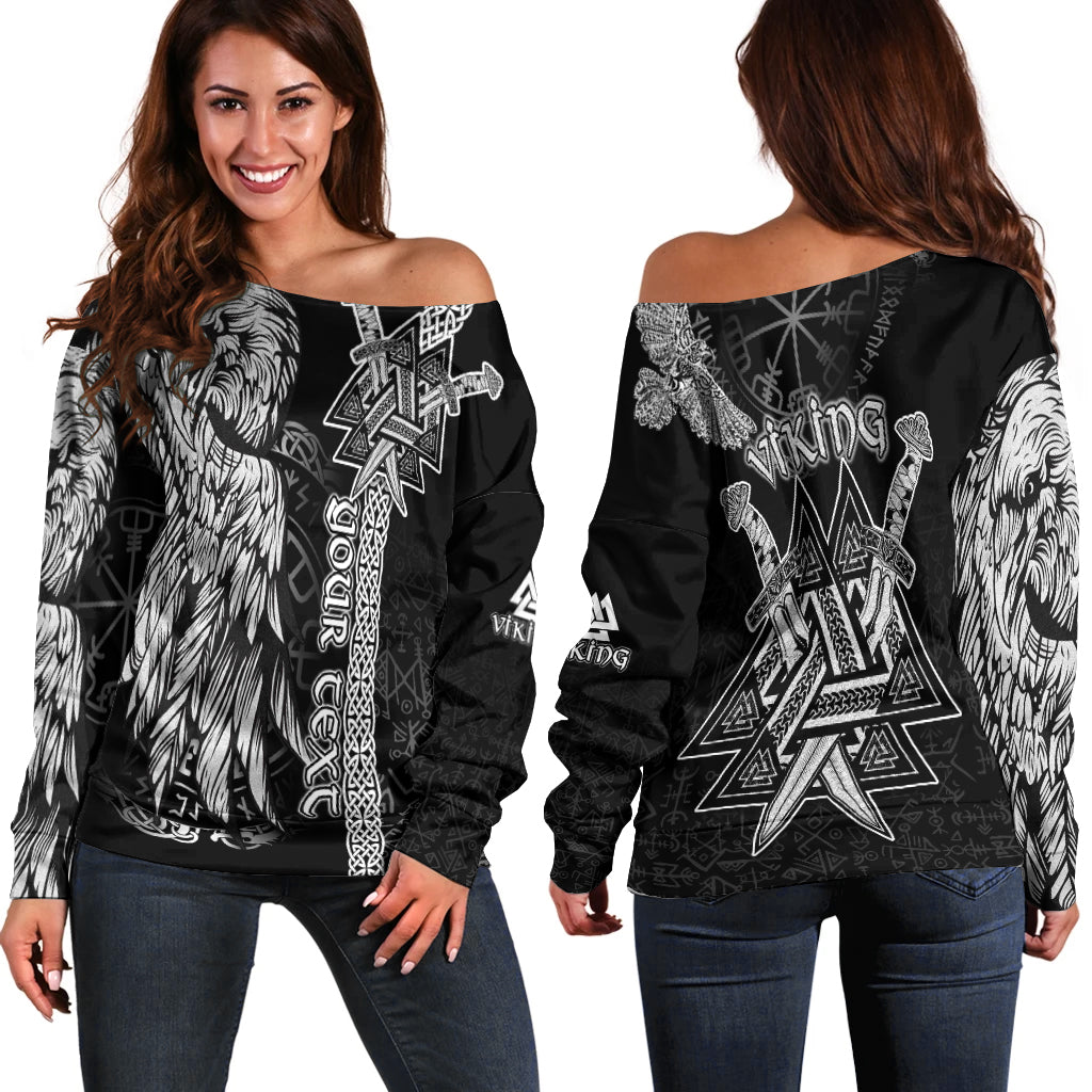 Black off-shoulder sweater with Viking raven and rune graphic, long sleeves