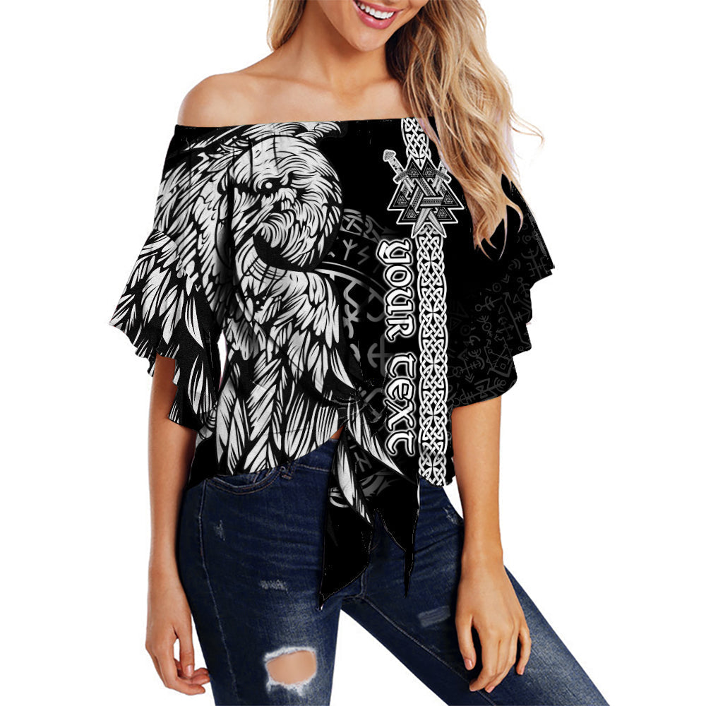 Black off-shoulder wrap top with bold white Viking eagle and rune print.
