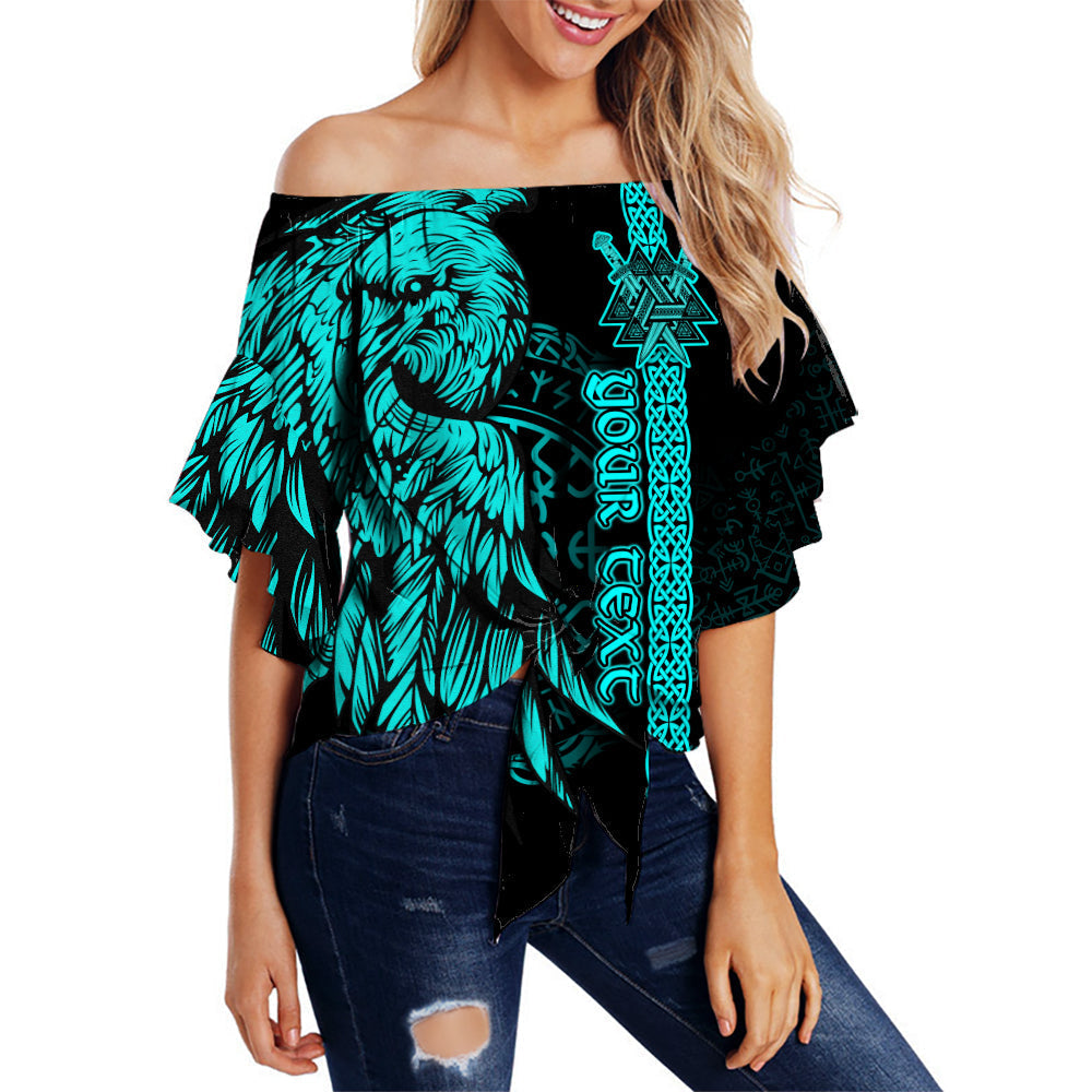 Off-shoulder waist wrap top with turquoise raven and Valknut graphic, black base