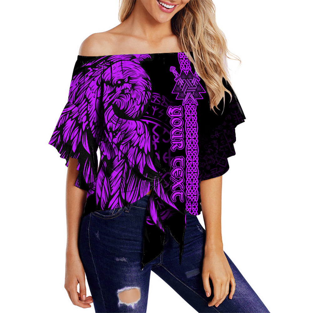 Purple off-shoulder waist wrap top with black raven graphic and purple trim