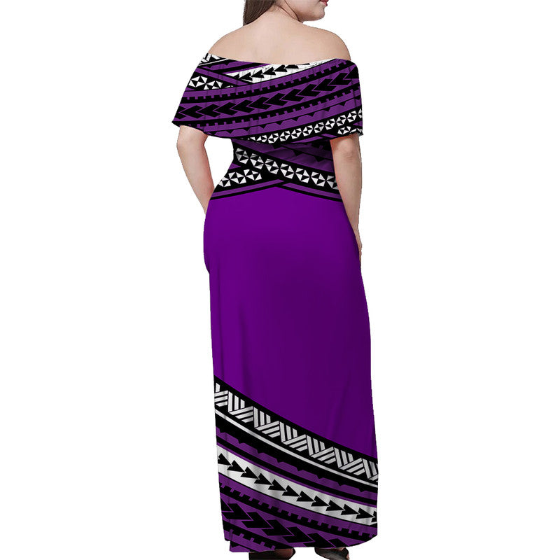 Long off-shoulder purple dress with purple-and-black geometric patterned trim at yoke and hem