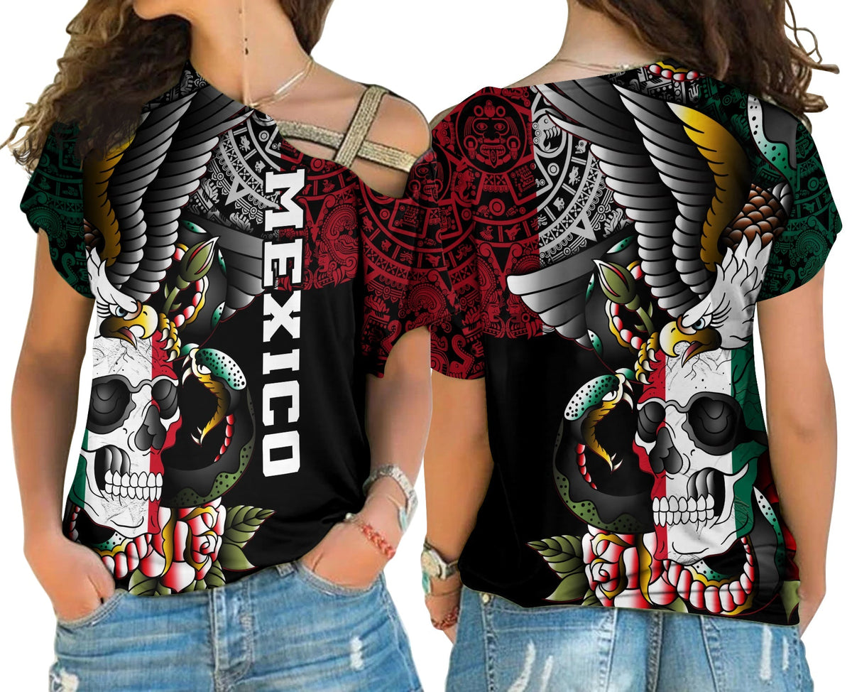 Black cross-shoulder shirt with colorful skull, eagle, and snake graphic, short sleeves