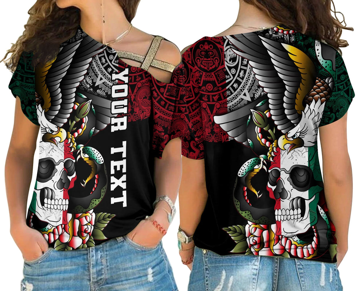 Black cross-shoulder shirt with colorful skull, eagle and snake graphic, short sleeves