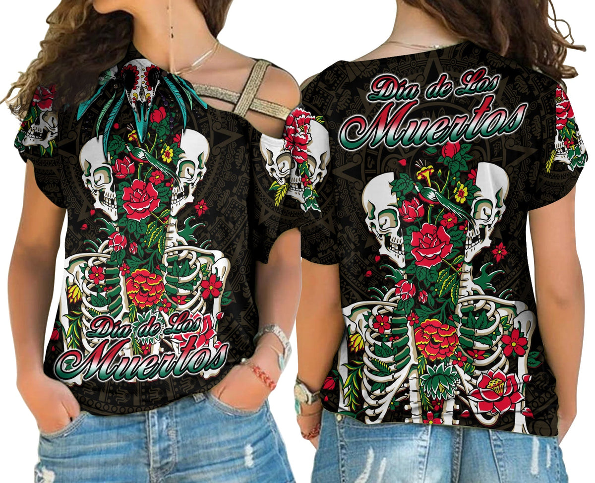 Black cross-shoulder shirt with floral skull print and Dia de los Muertos text