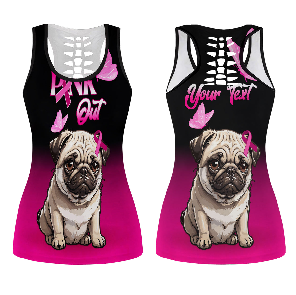 Black-to-pink hollow tank top with pug, awareness ribbon, and ribcage graphic