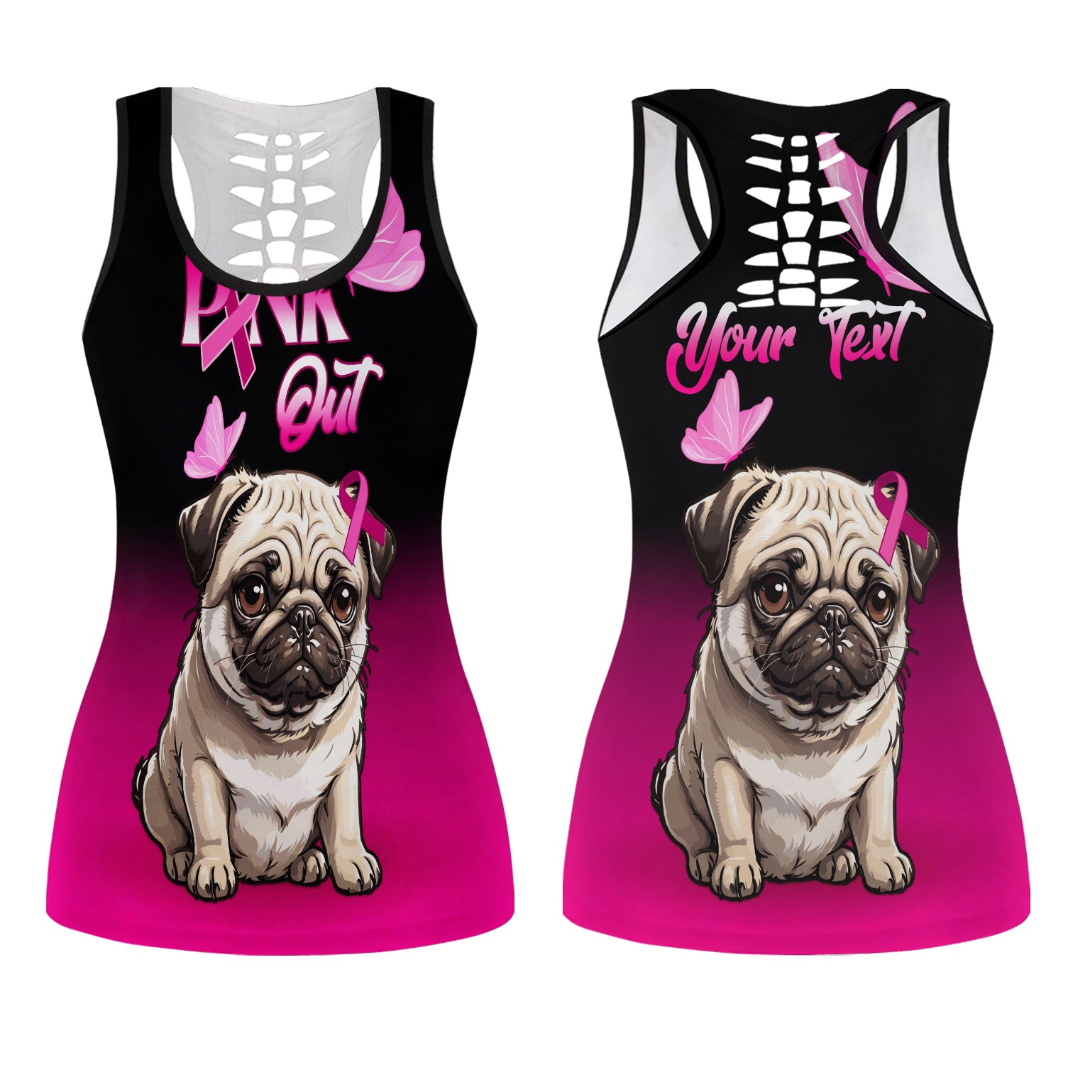 Personalised Pink Out Hollow Tank Top Pug Dog Breast Cancer Awareness LT01