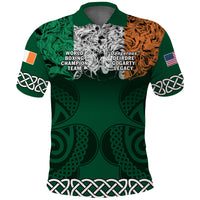 Green polo shirt with central boxing text graphic, US flags patches, white celtic border