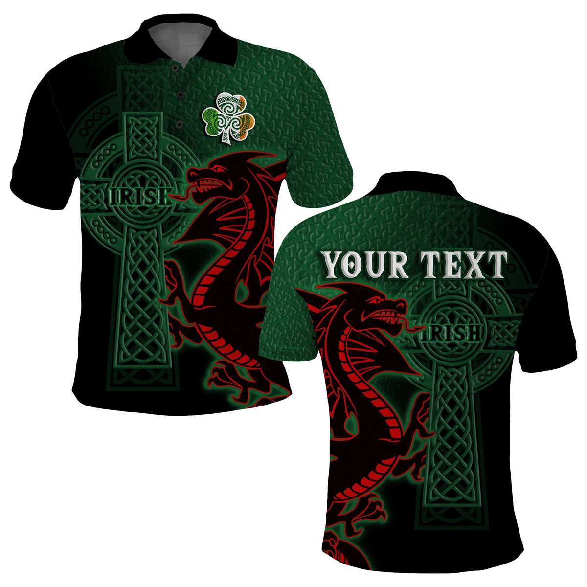 Green and black polo shirt with shamrock, Celtic cross, and red dragon graphic