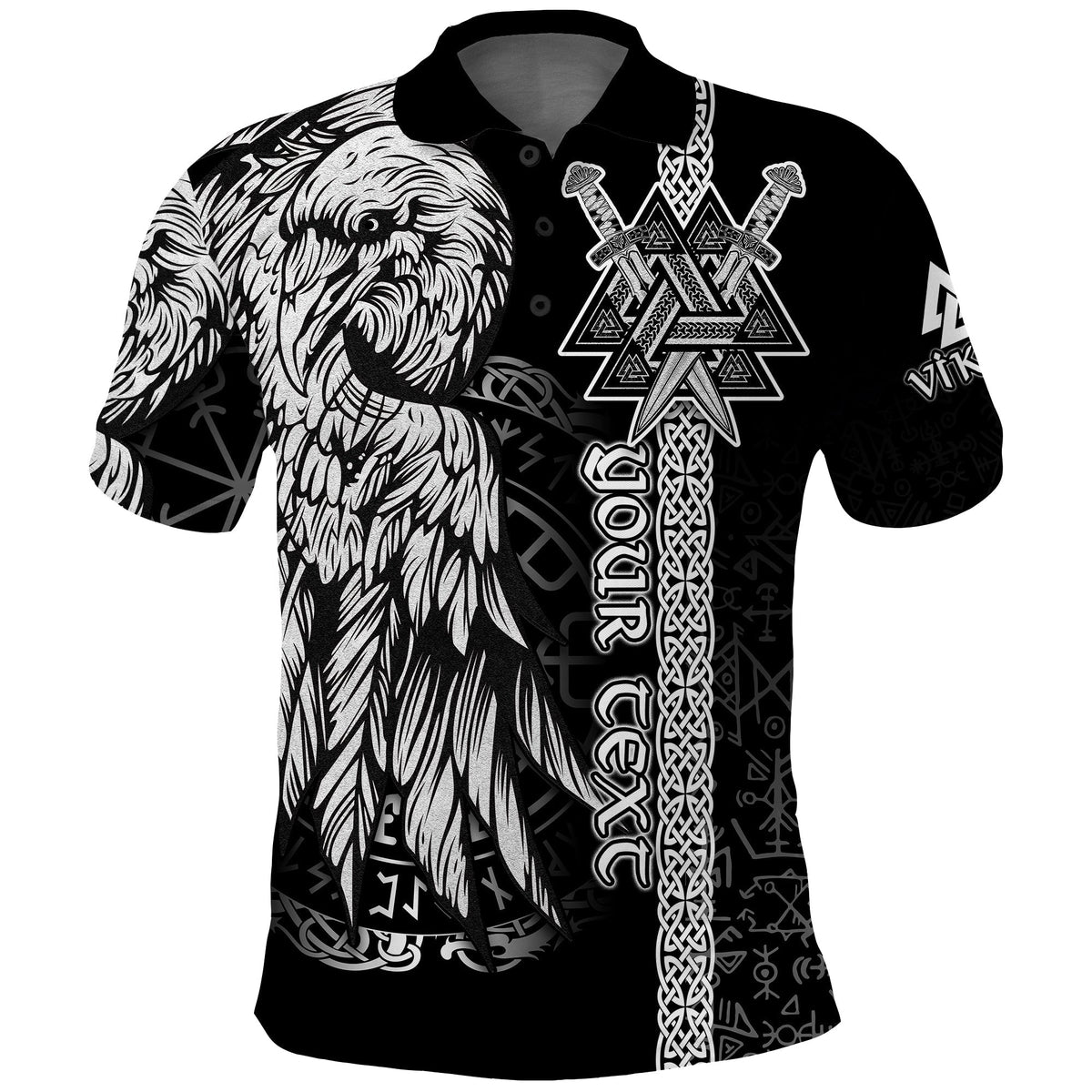 Black polo shirt with large raven graphic and Viking emblem on front