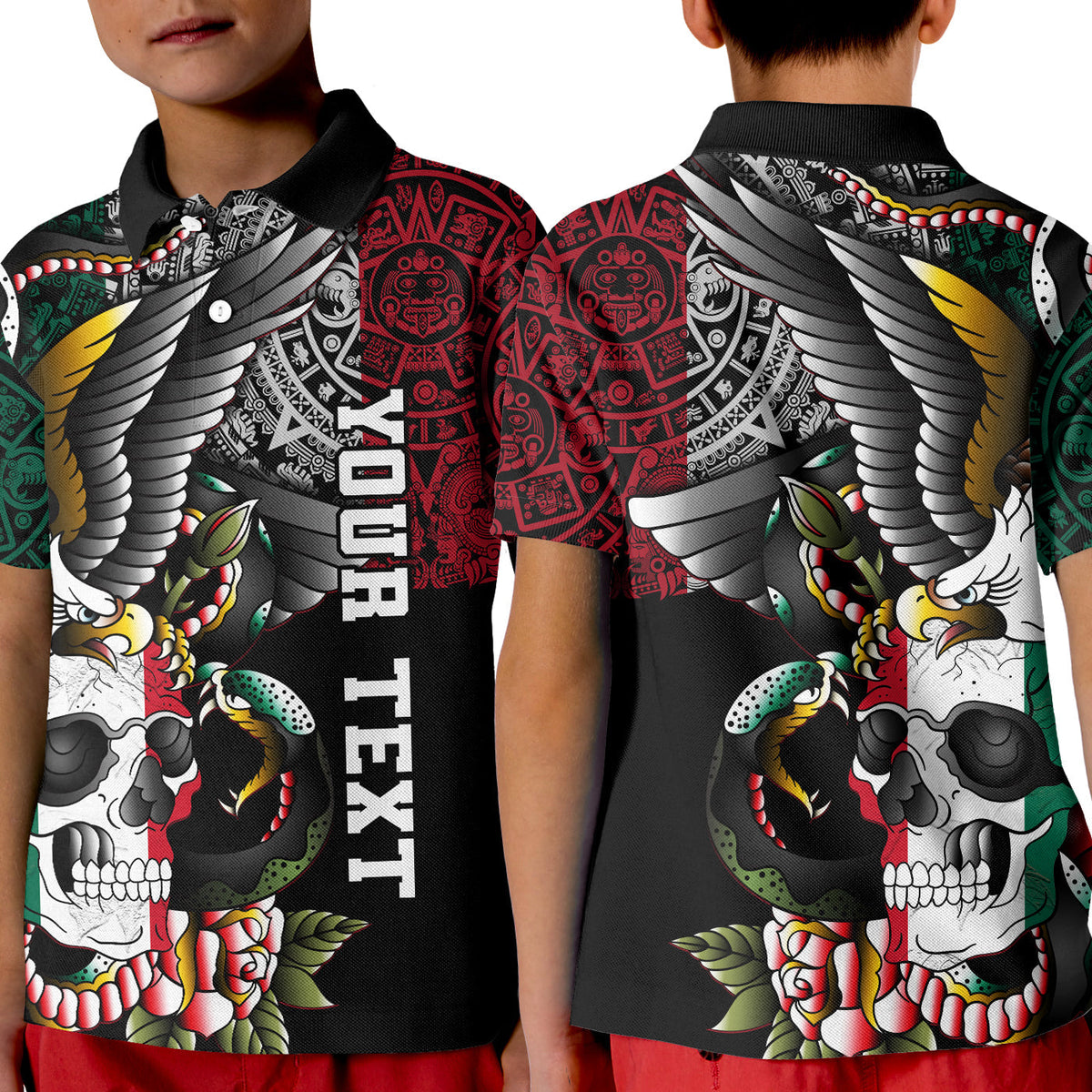 Black polo shirt with full back print of eagle wings, skull, and snake graphics