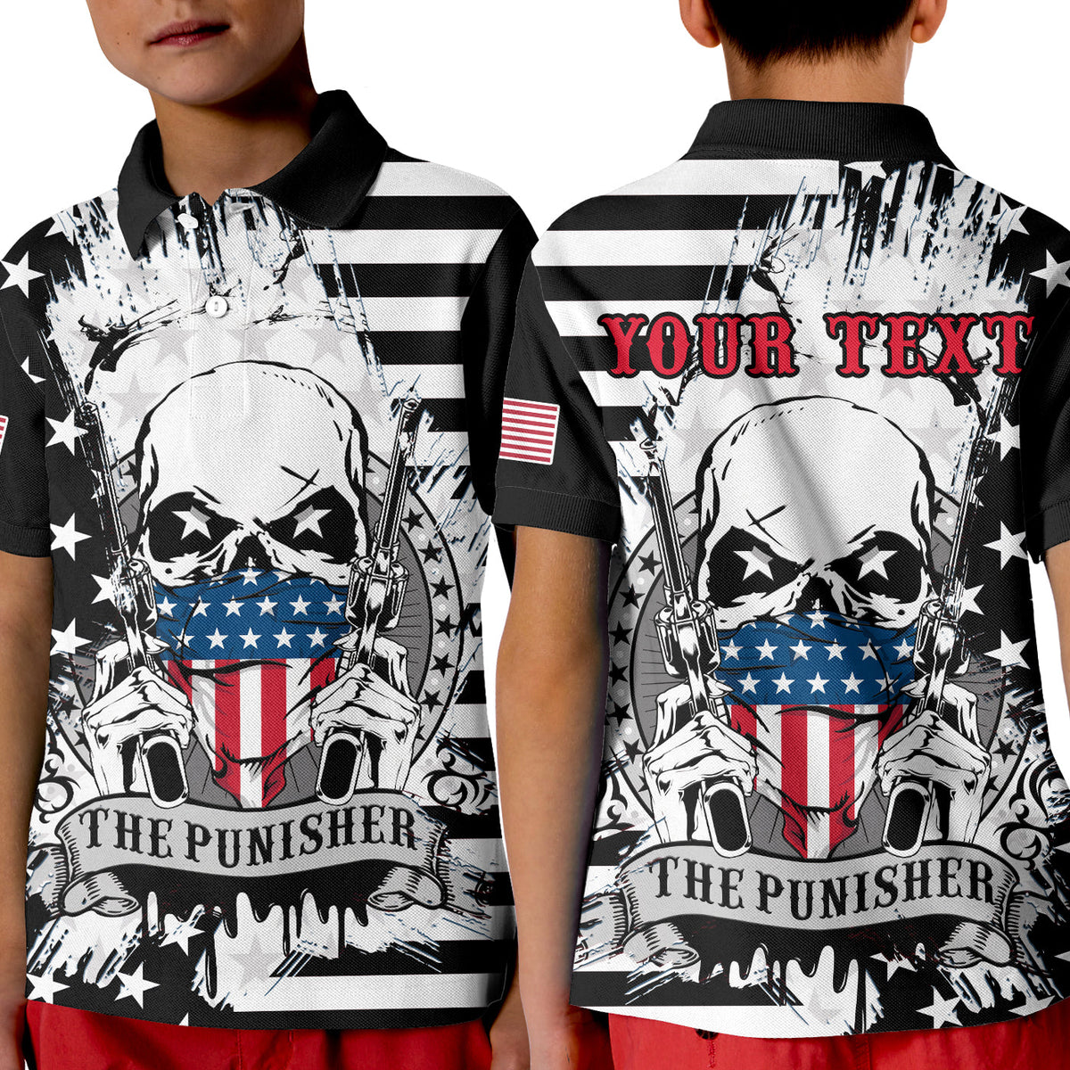 Kids black polo shirt with skull and American flag graphic, front and back view