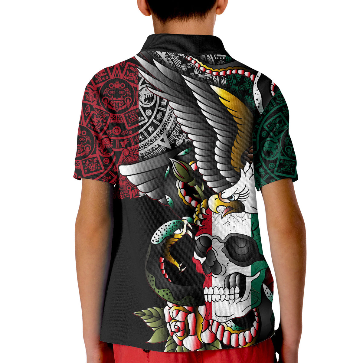 Kids black polo shirt with large skull and eagle graphic on back