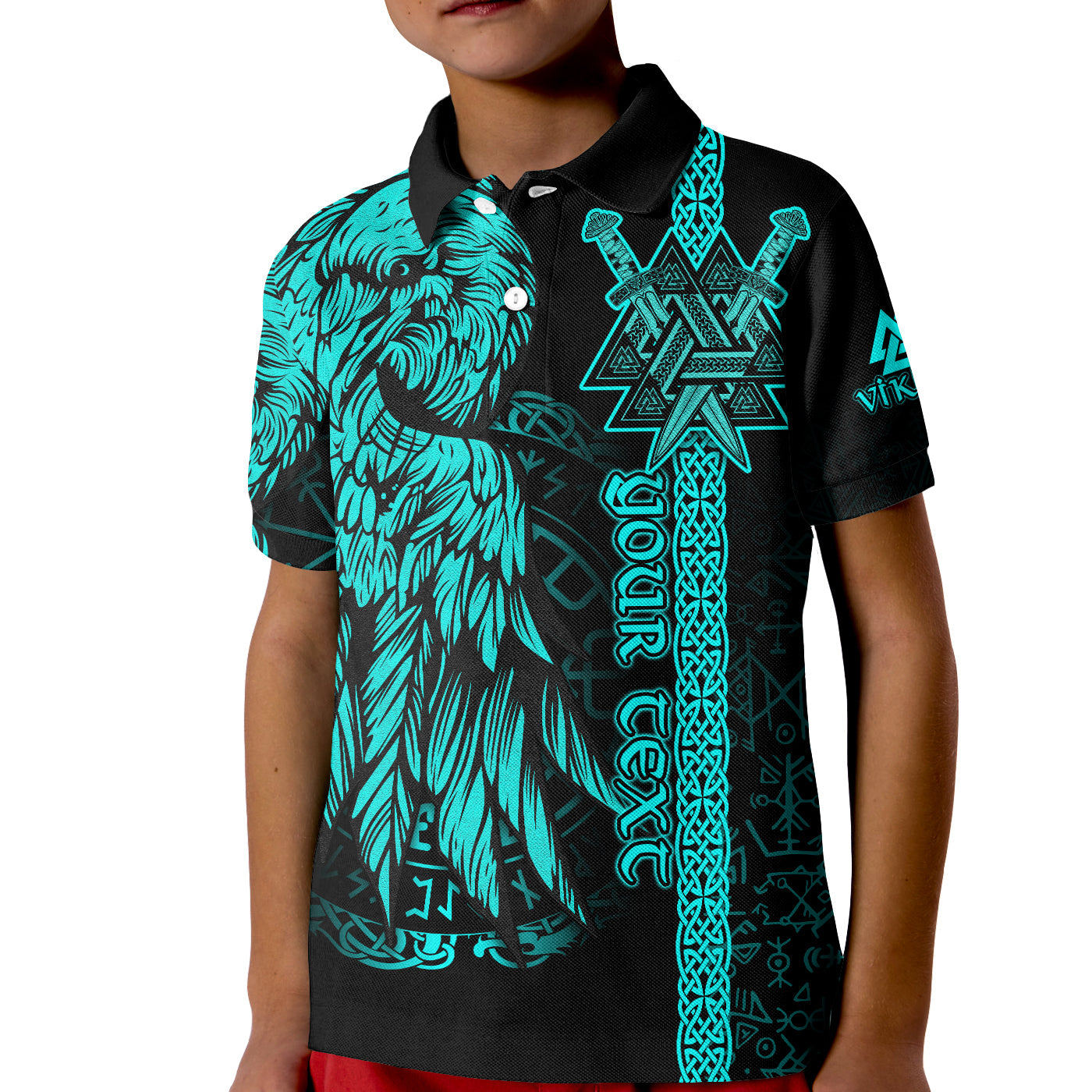 custom-viking-polo-shirt-kid-valknut-raven-symbol-celtic-vegvisir-cyan-color