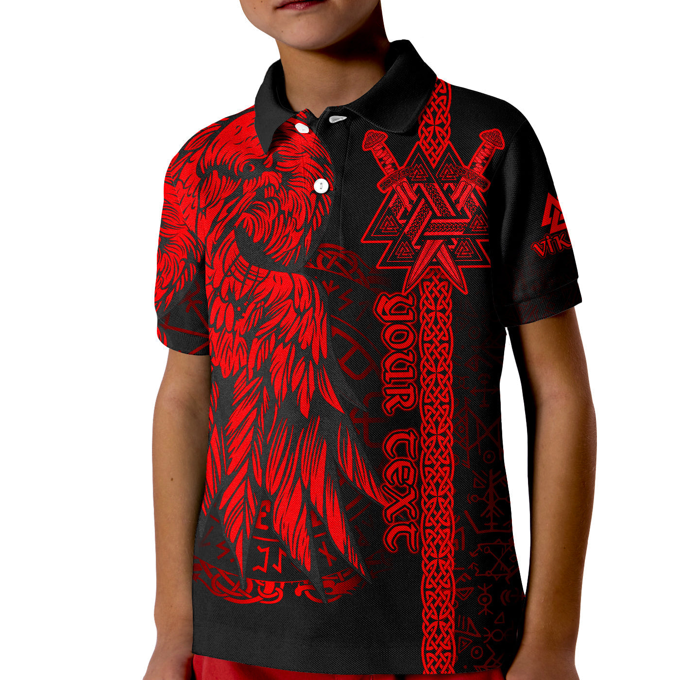 custom-viking-polo-shirt-kid-valknut-raven-symbol-celtic-vegvisir-red-color