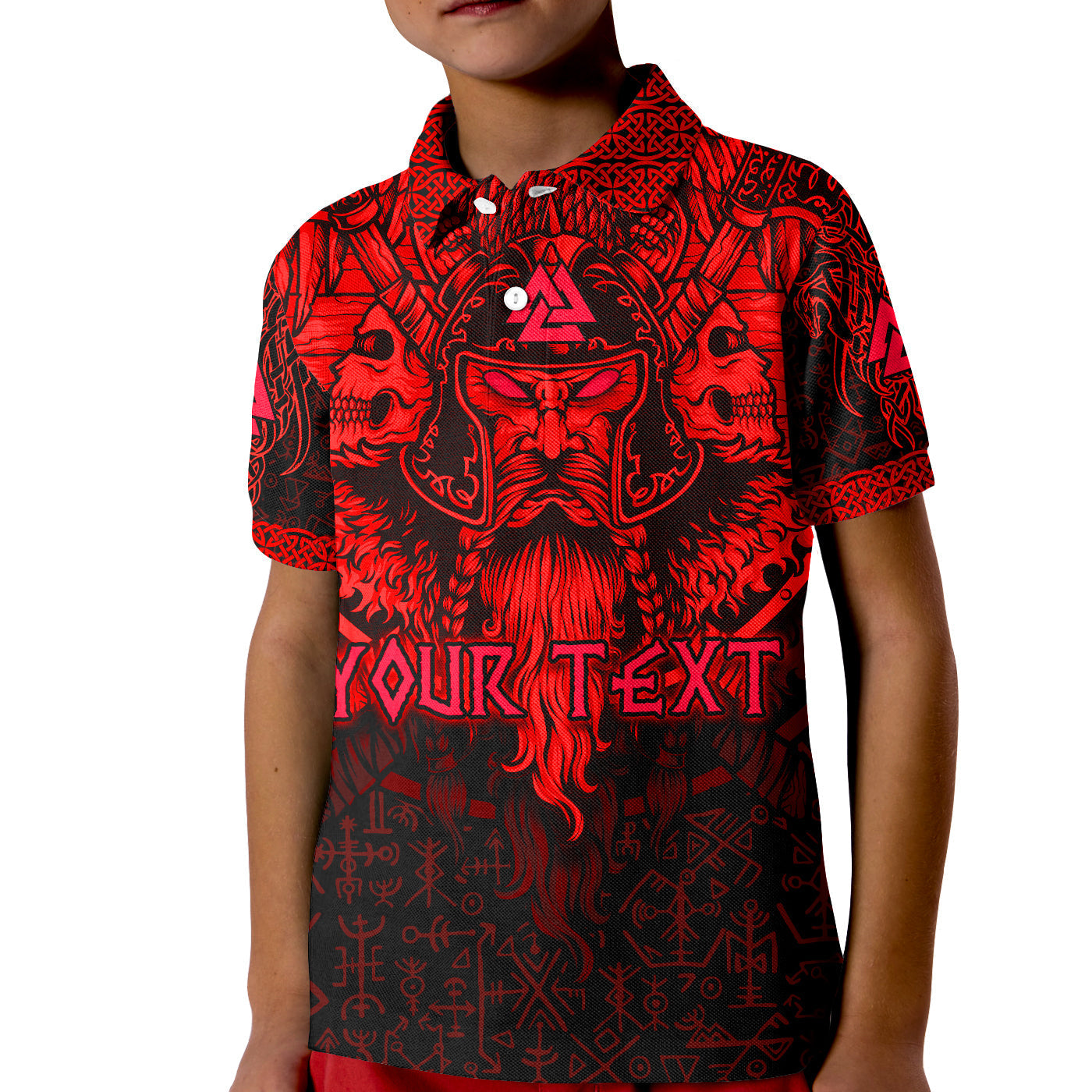 custom-viking-odin-polo-shirt-kid-celtic-knot-viking-head-with-axes-magical-runes-signs-red-color