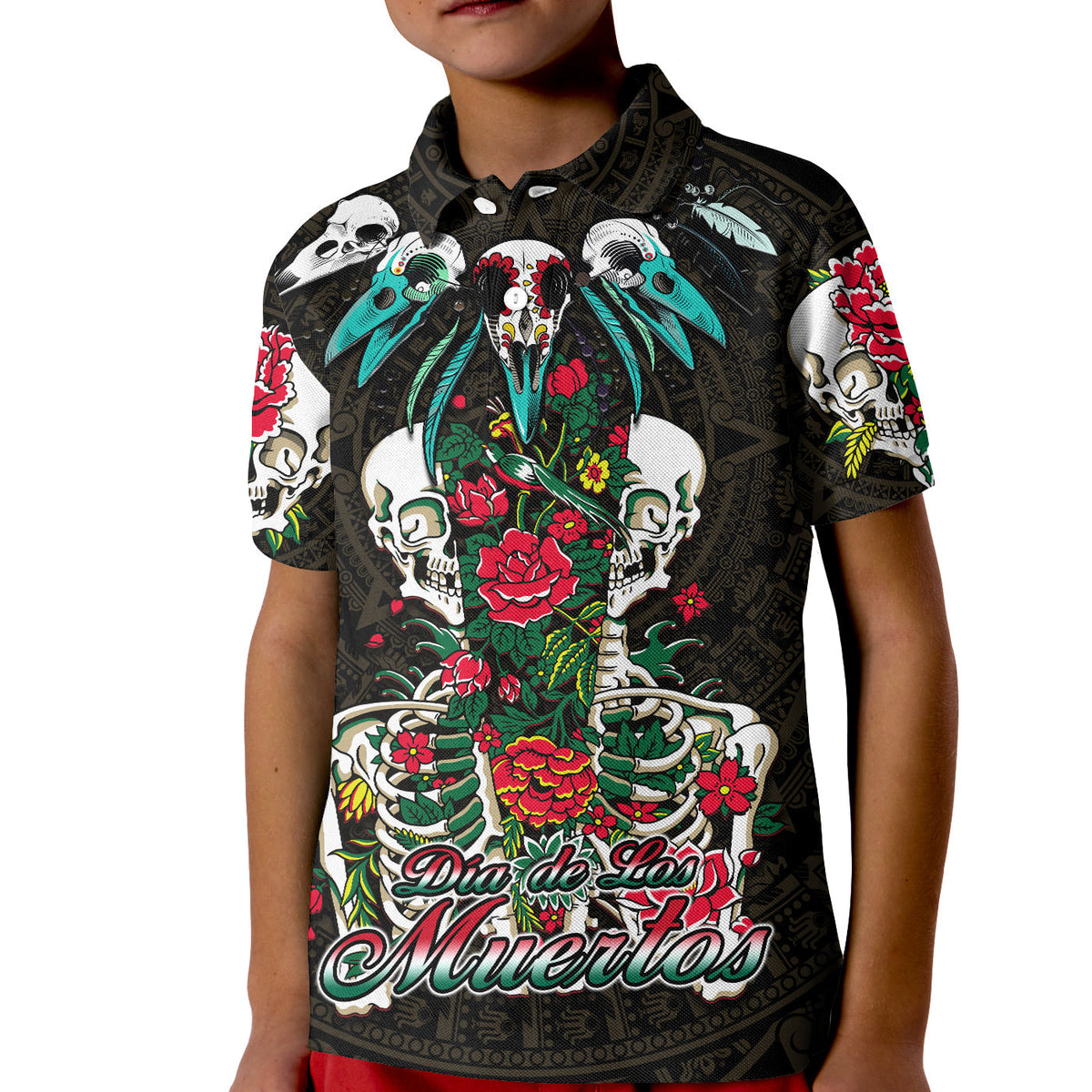 Kids black polo shirt with Dia de Los Muertos skulls, roses, and teal graphics