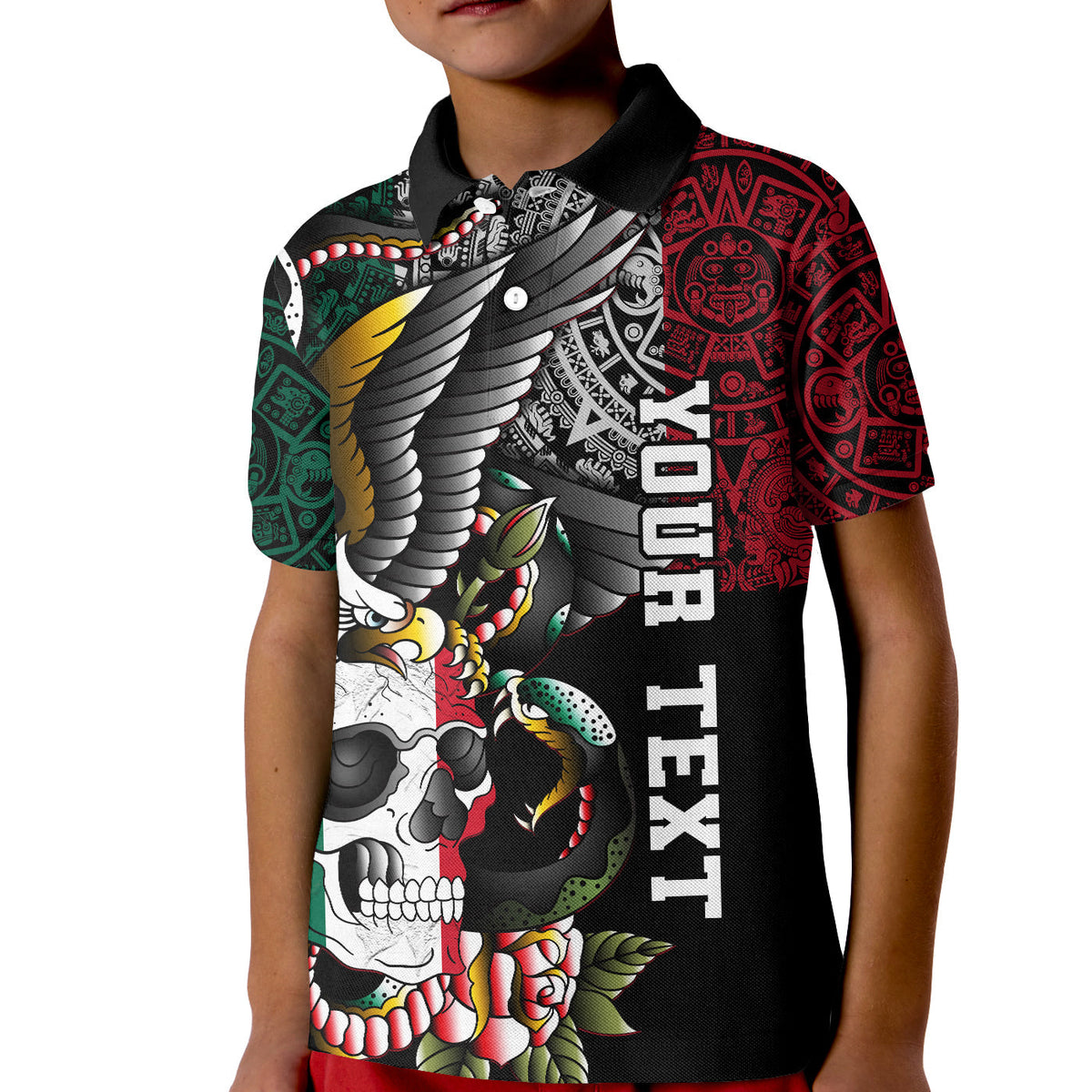 Kids black polo shirt front view, eagle skull graphic with HOT TEX lettering