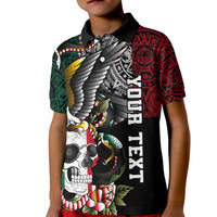 Kids black polo shirt front view, eagle skull graphic with HOT TEX lettering