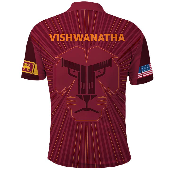 Maroon polo shirt with large lion graphic and VISHWANATHA text on back