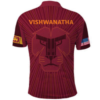 Maroon polo shirt with large lion graphic and VISHWANATHA text on back