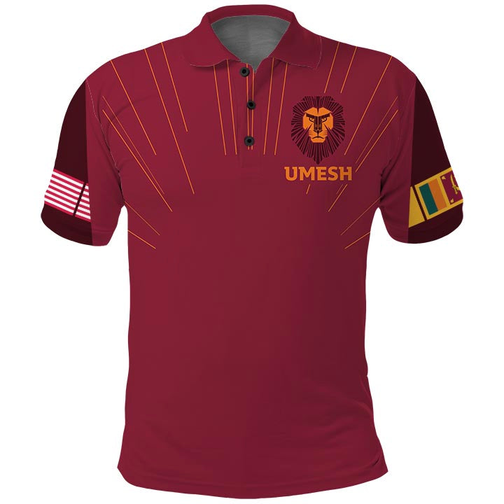 Maroon polo shirt with button placket and lion emblem on chest