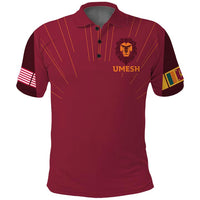 Maroon polo shirt with button placket and lion emblem on chest