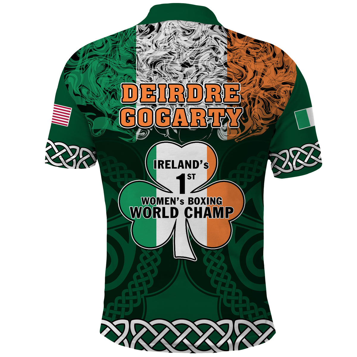 Green polo shirt with multicolor printed front graphic, short sleeves and collar