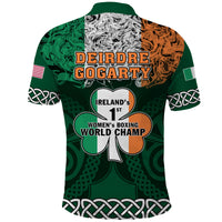 Green polo shirt with multicolor printed front graphic, short sleeves and collar