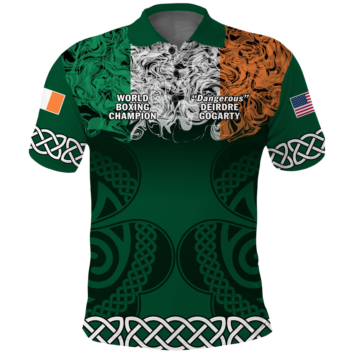 Green polo shirt with green and orange printed front graphic, flags, short sleeves