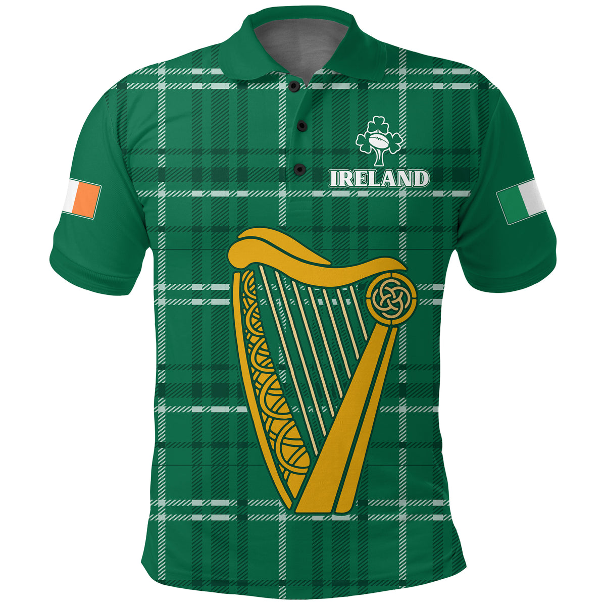 Green plaid polo shirt with front button placket, harp graphic and Ireland crest