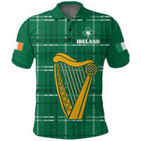 Green plaid polo shirt with front button placket, harp graphic and Ireland crest