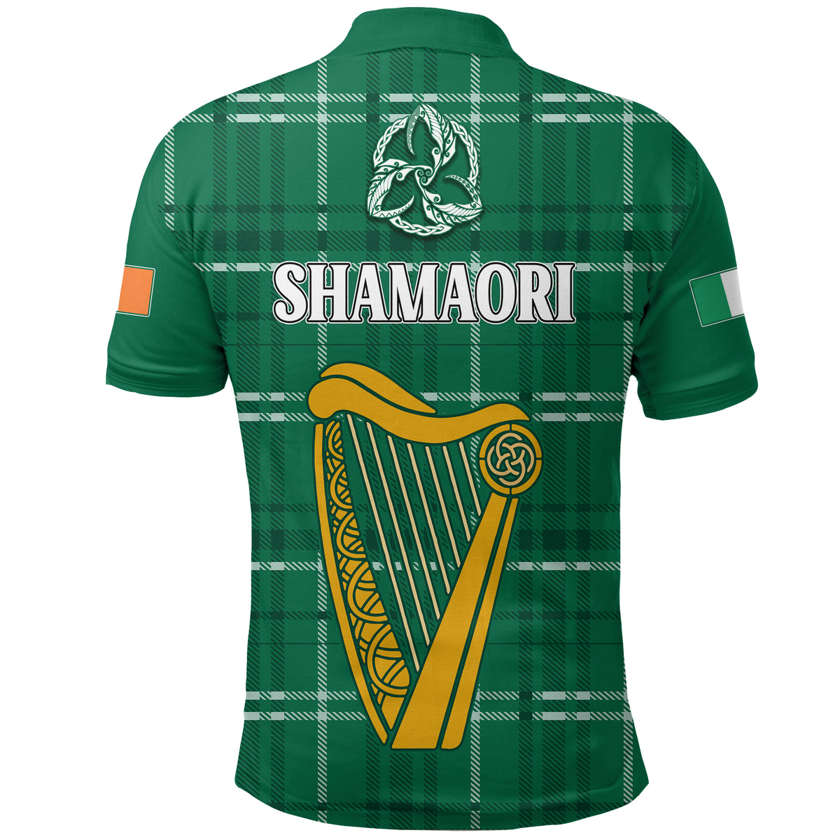Green plaid polo shirt with back text SHAMAORI and harp emblem, short sleeves