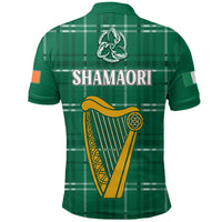 Green plaid polo shirt with back text SHAMAORI and harp emblem, short sleeves