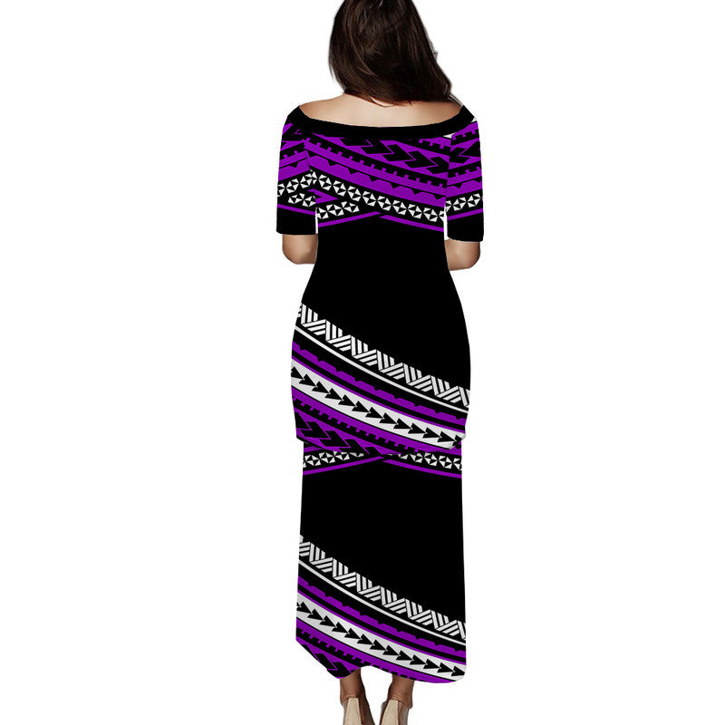 Back view: Purple and black puletasi dress with short sleeves, geometric zigzag band
