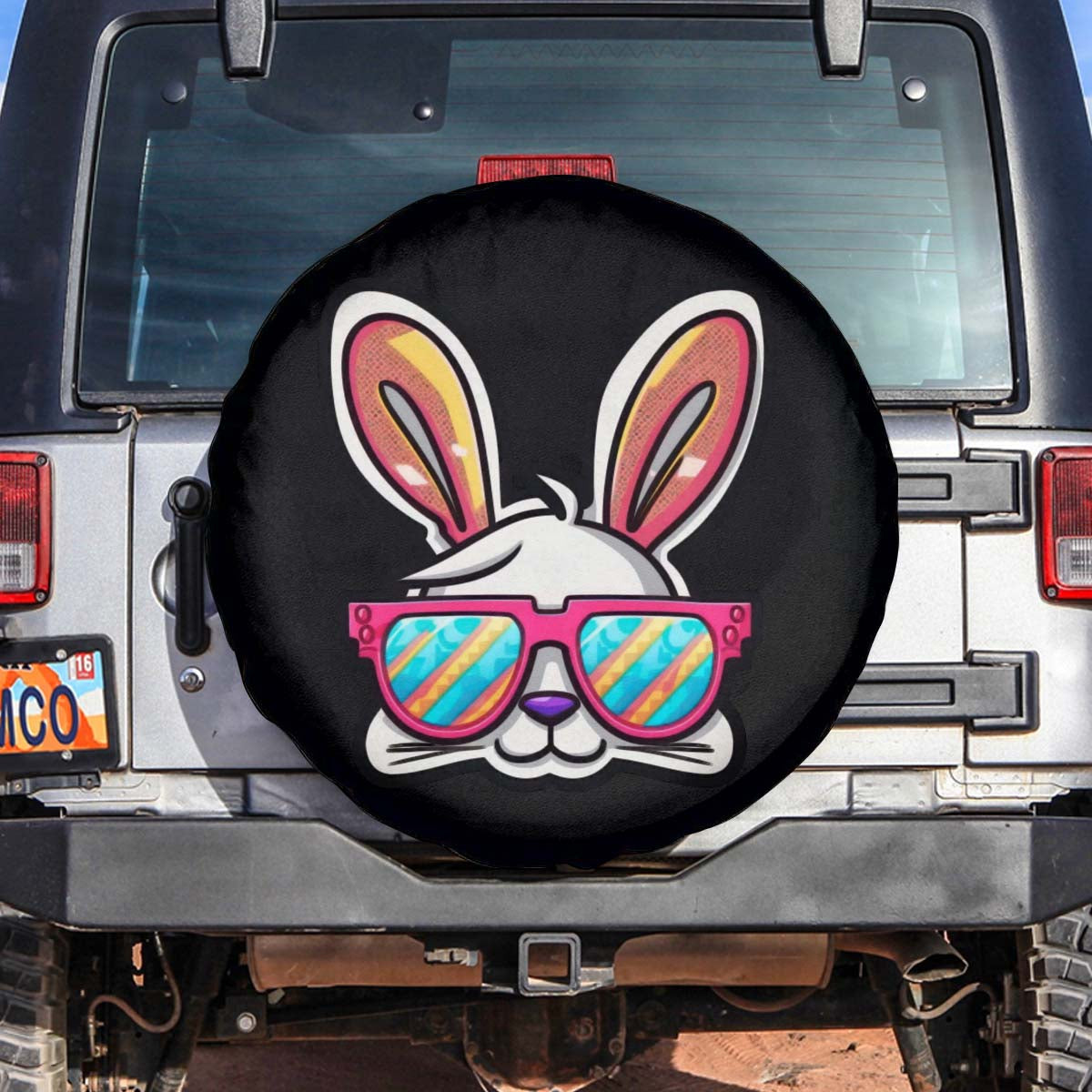 Black spare tire cover with cute bunny face and colorful sunglasses