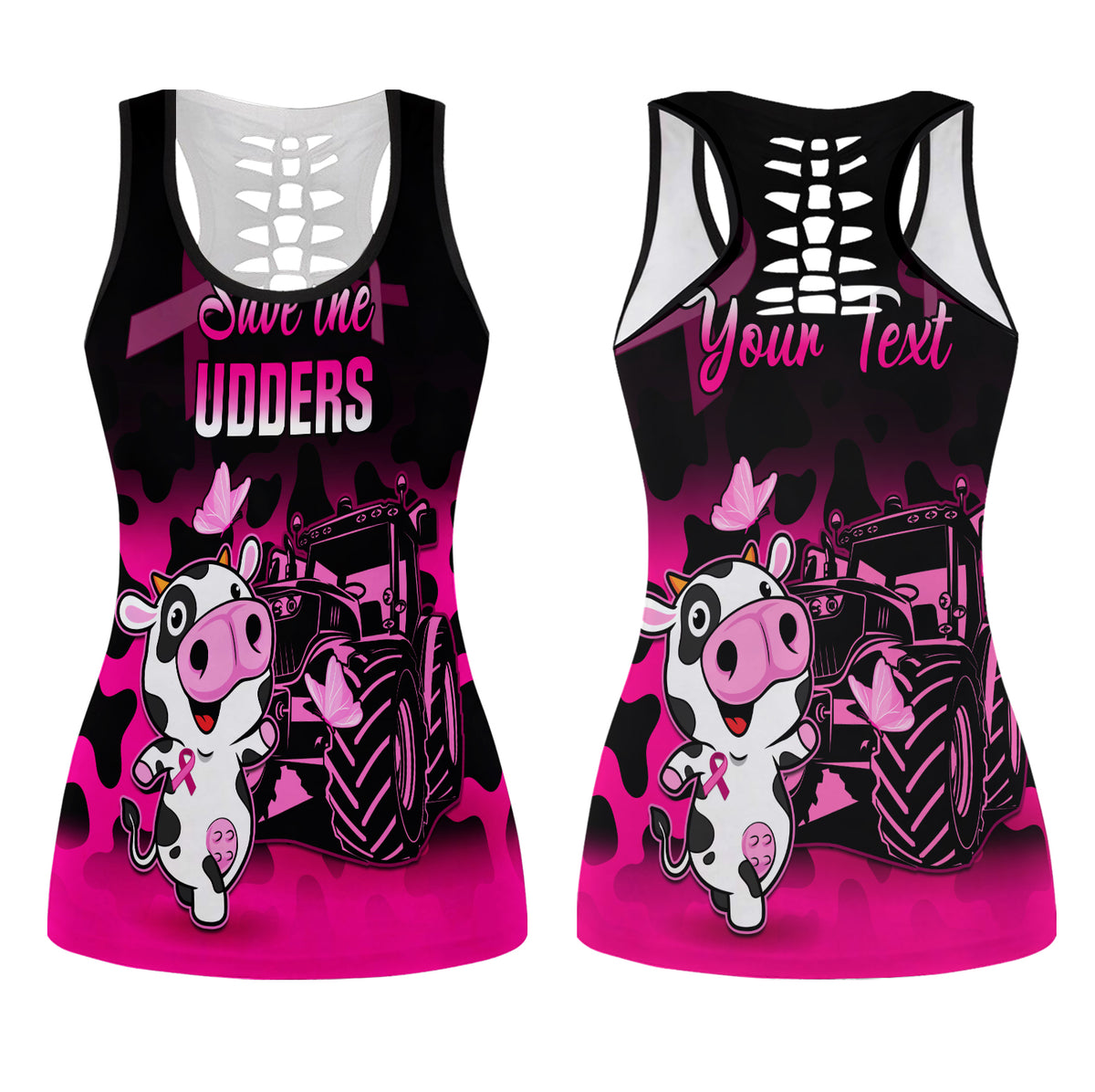 Pink and black hollow tank top with ribcage back cutout and cow graphic, personalized text
