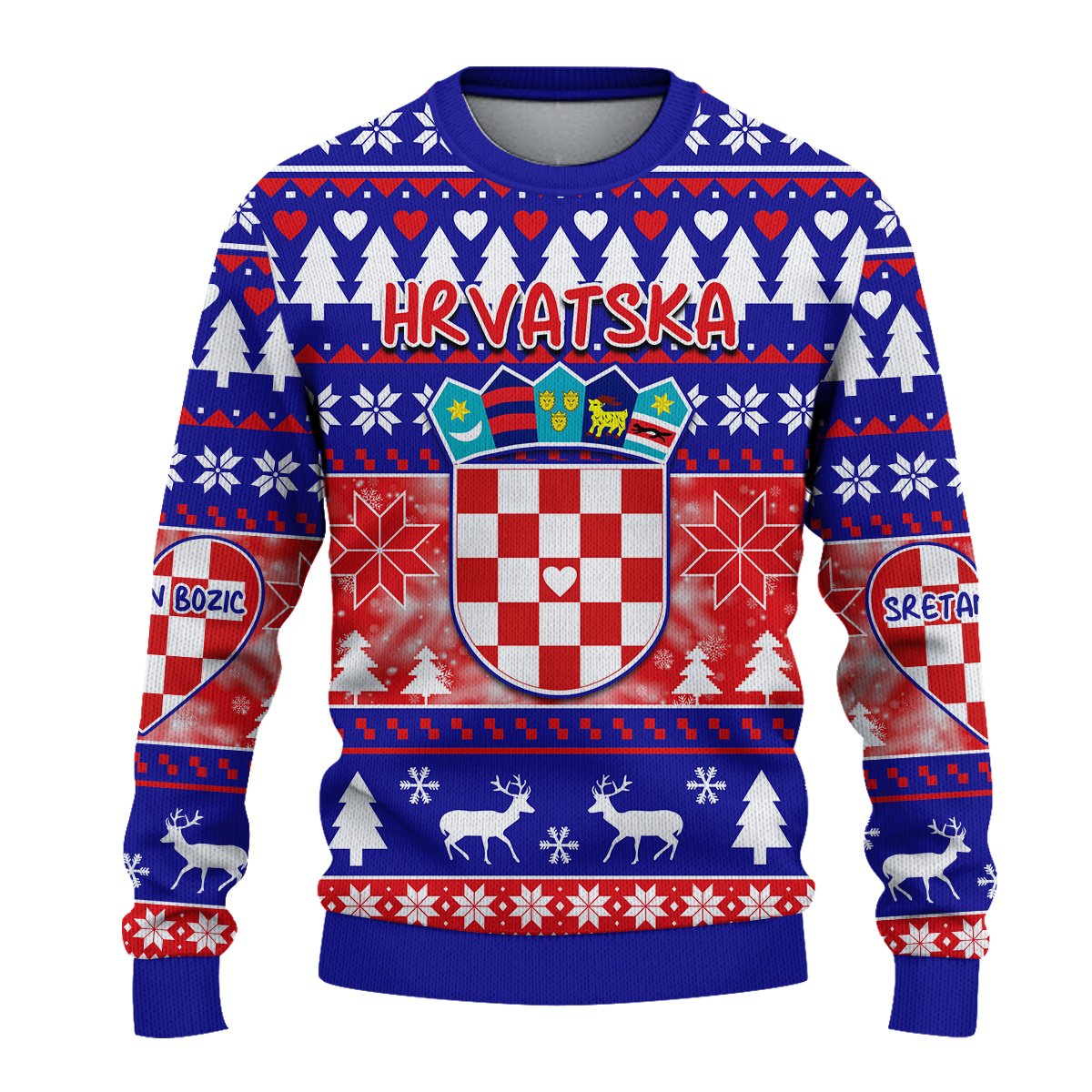 Blue knitted Christmas sweater with Croatian shield and festive graphic hearts, trees, reindeer