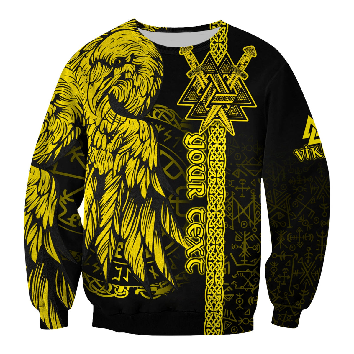 Unisex black sweatshirt with yellow raven and Valknut/Celtic knot front graphic