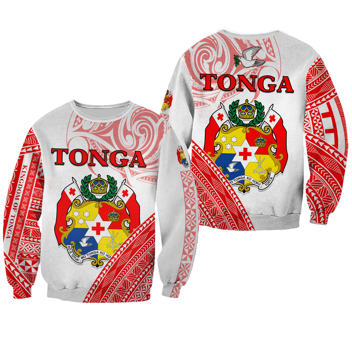 Red Tonga crest sweatshirt, light gray body, long sleeves with tribal geometric patterns
