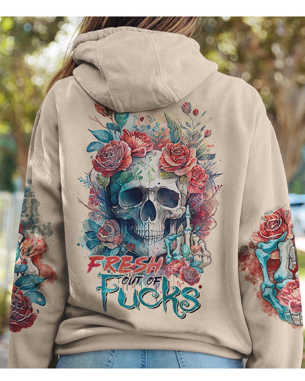 Skull Flowers Hoodie Fresh Out Of F Watercolor - Wonder Print Shop