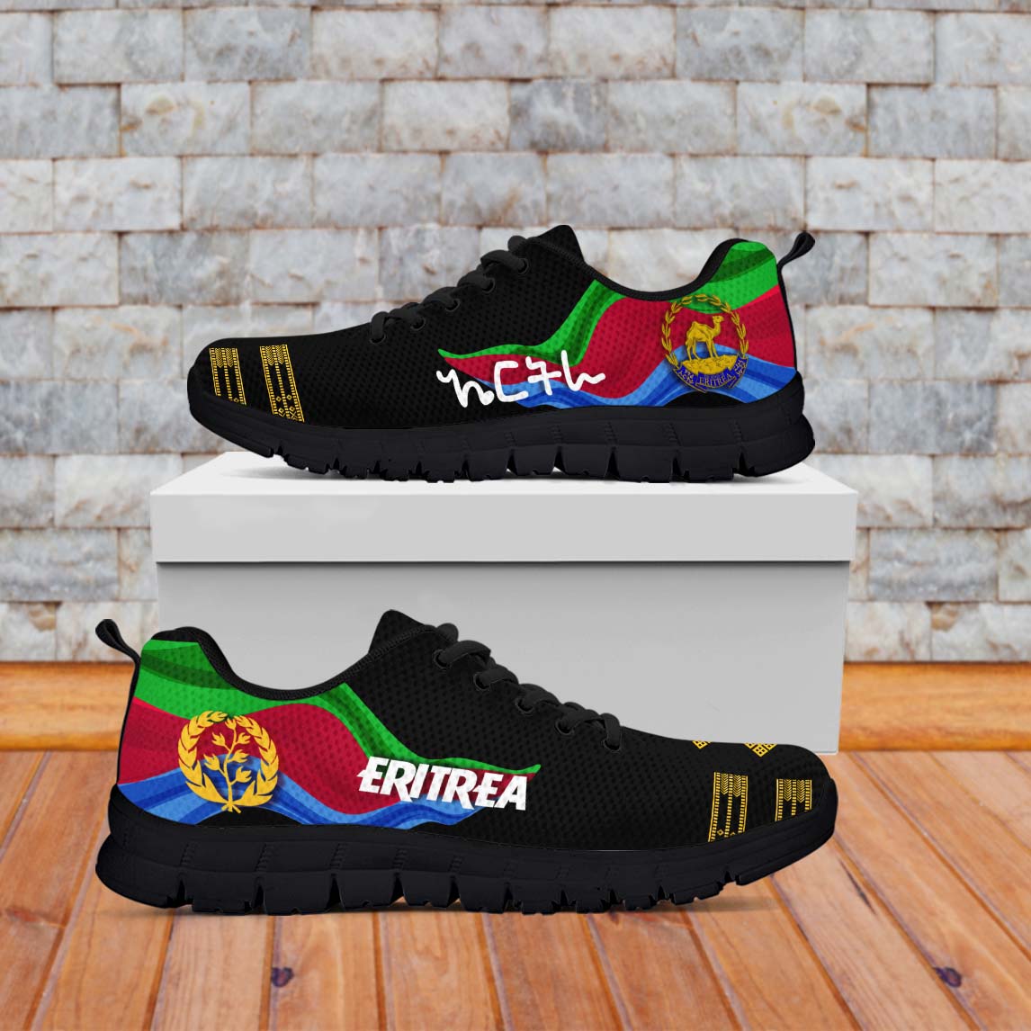 Black sneakers with Eritrea flag panel, ERITREA text, gold accents, black sole