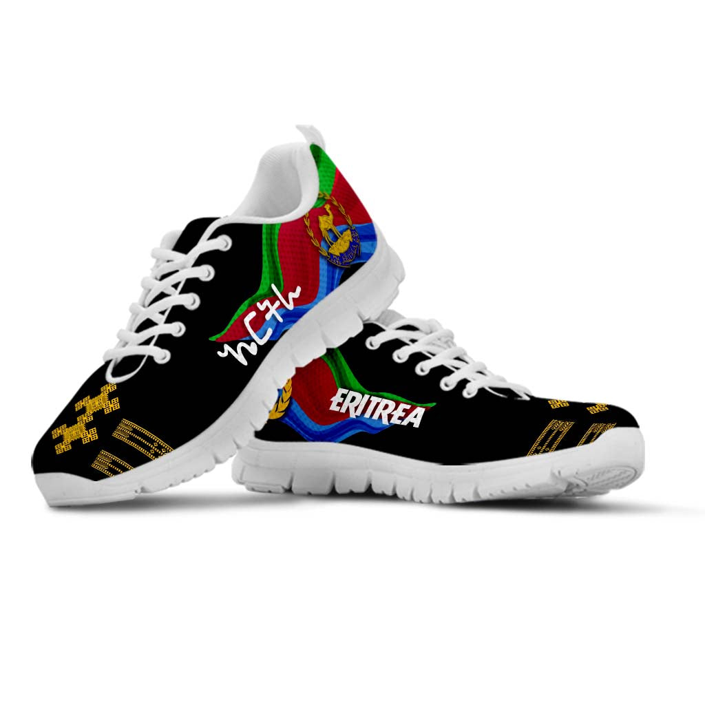 Black low-top sneakers with multicolor side stripe, ERITREA text, white sole