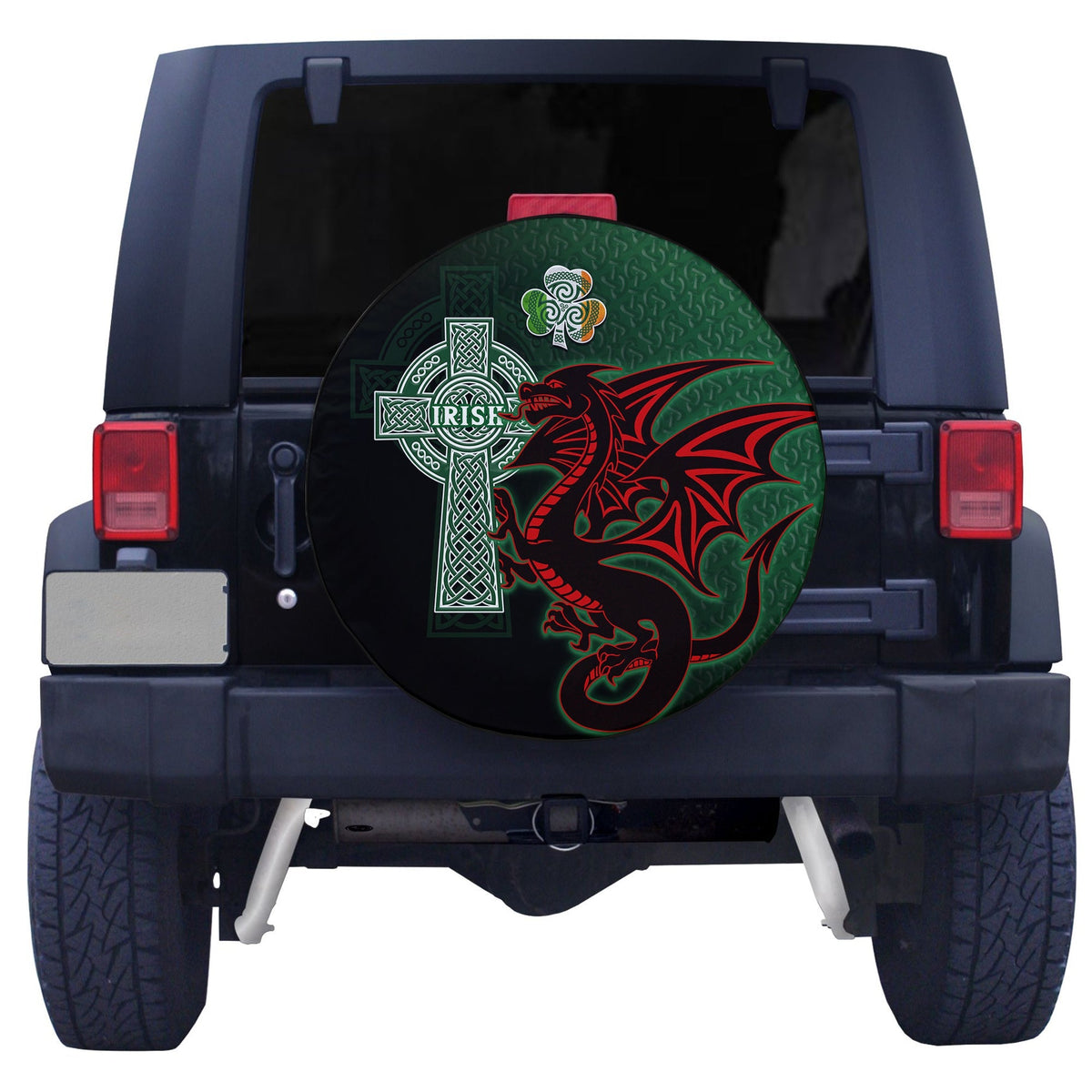 Black spare tire cover featuring green shamrock and Celtic cross with red dragon