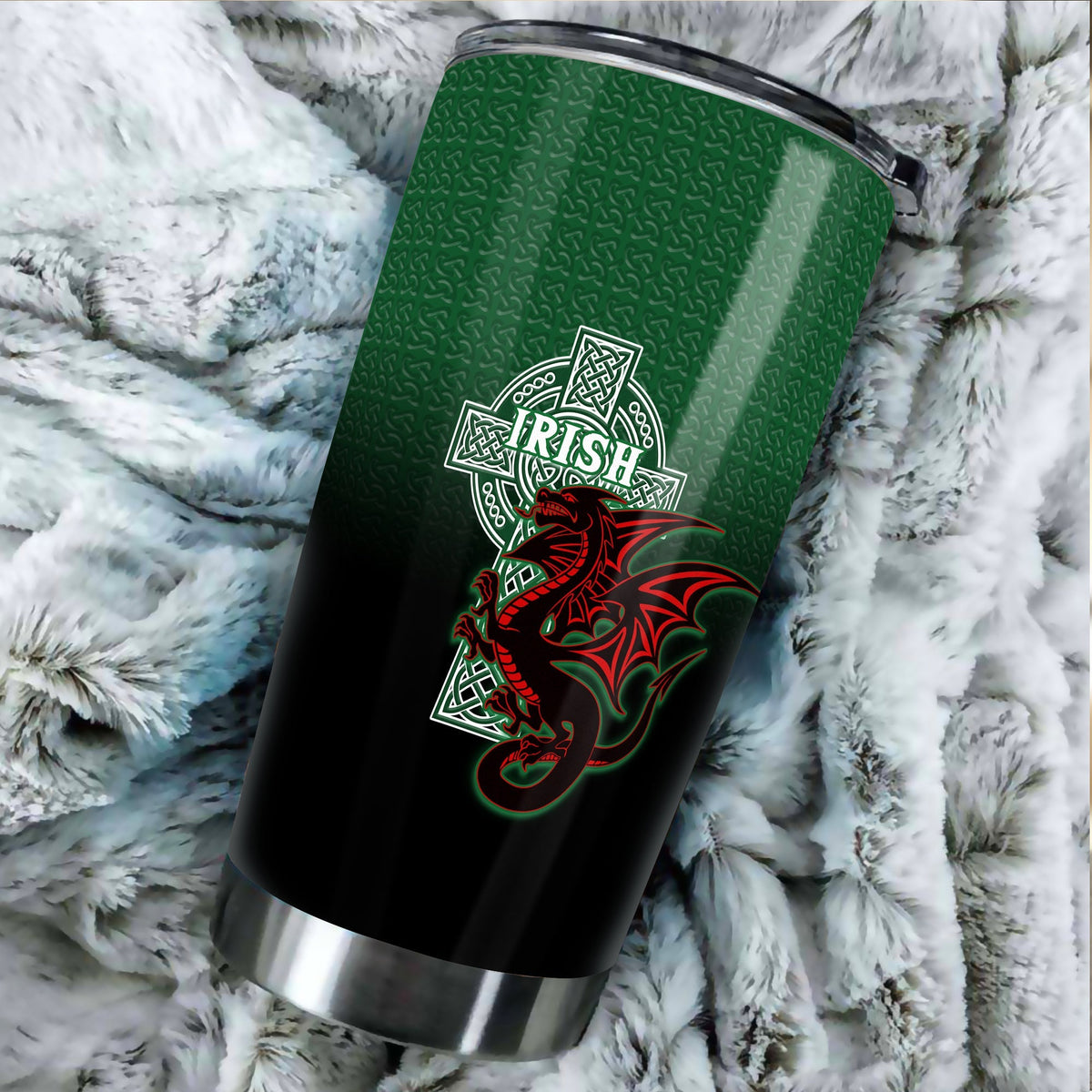 Black tumbler with green panel, Irish crest and red/black Celtic dragon graphic