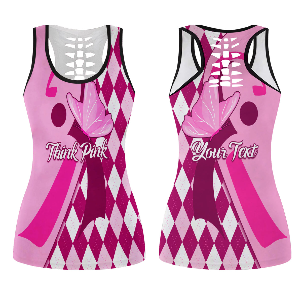 Pink hollow tank top with black argyle pattern, Think Pink graphic, and Your Text print