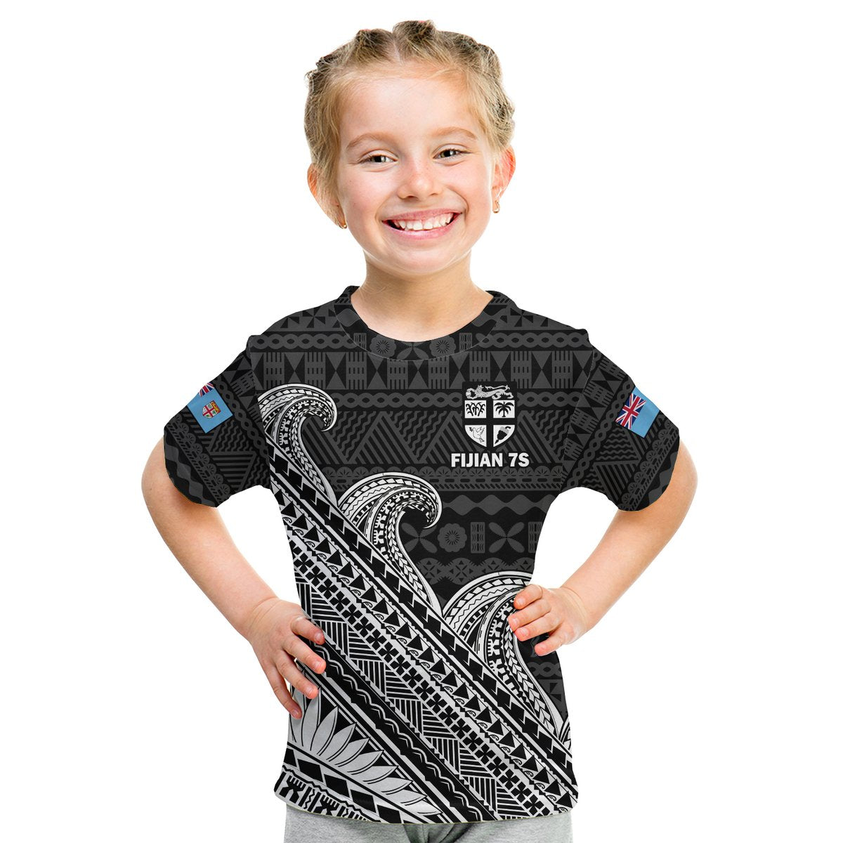 Kids black t-shirt with Polynesian tapa design and Fijian 7s lettering