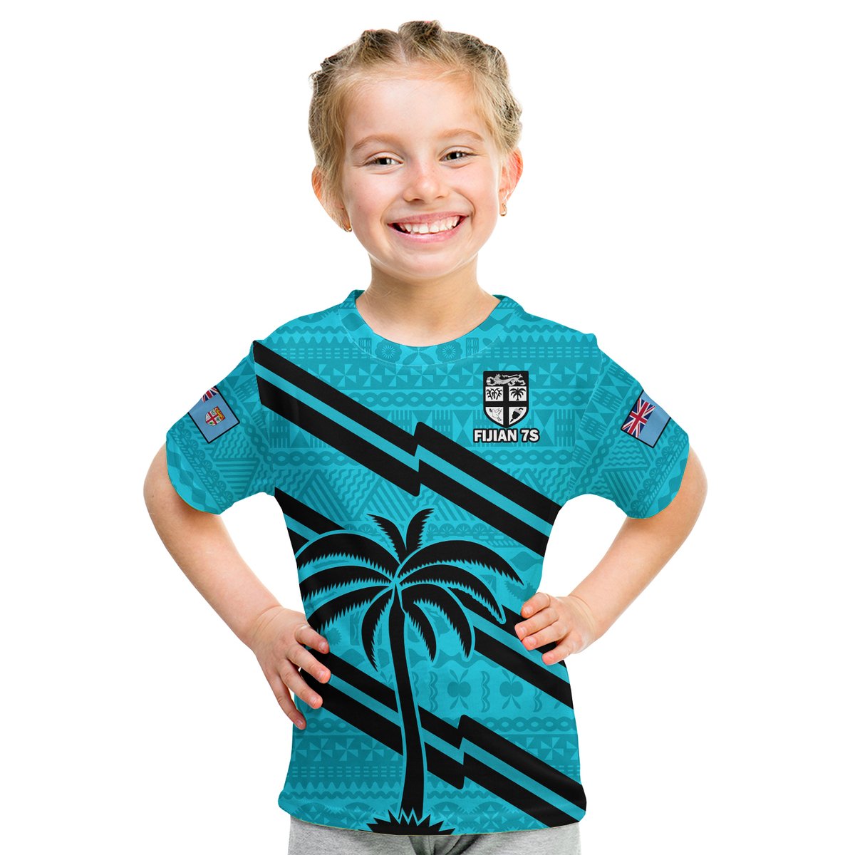 Kids cyan rugby-style T-shirt with tapa pattern, black diagonal stripes, and palm graphic