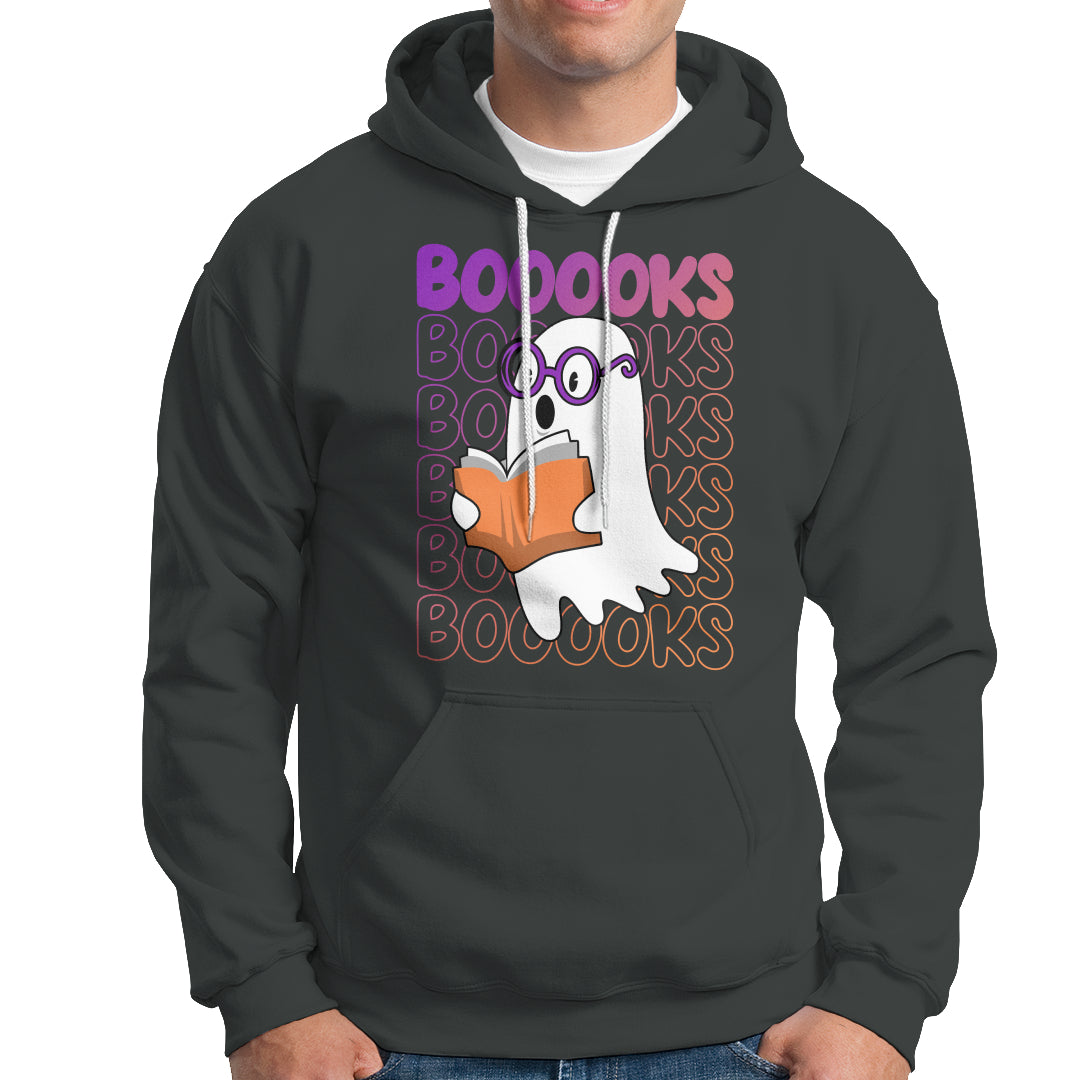 Charcoal gray Halloween reading hoodie with front pocket and ghost books graphic.