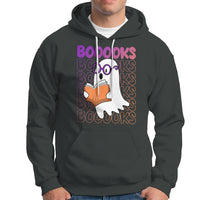 Charcoal gray Halloween reading hoodie with front pocket and ghost books graphic.
