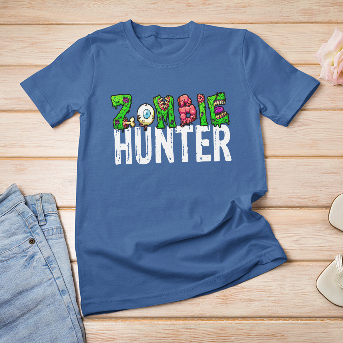 Royal blue zombie hunter T-shirt with 'HUNTER' graphic and cartoon brain eye